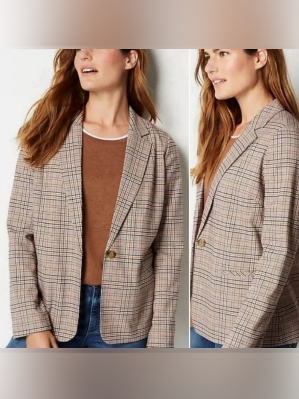 NWT J. JILL Brown Mendocino Houndstooth Plaid One Button Closure Blazer Size XL